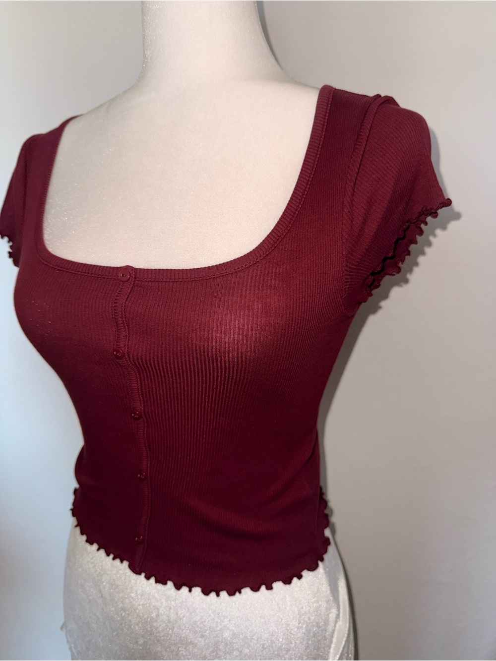 196Women’s Ribbed Button-Front Square Neck Top - Burgundy - Picture 2 of 3